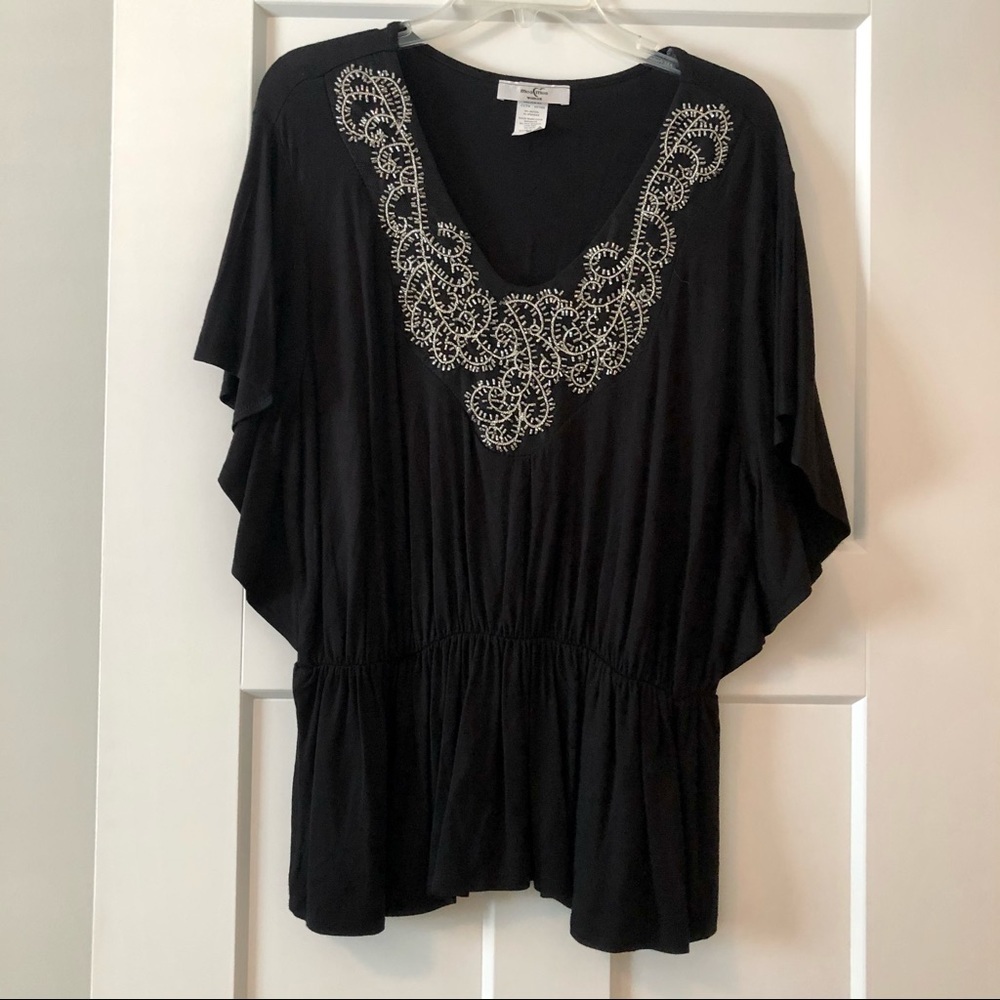 Moa Moa Black Beaded V-Neck Blouse Elastic Waist Flowy Sleeve Top Size 1X